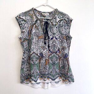 DANIEL RAINN White Navy Blue Paisley Embroidered Trim Tassel Tie Cap Sleeve Top